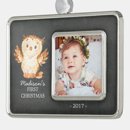 黒板フクロウ1stクリスマスフォトオーナメント シルバープレートフレームオーナメント (左)