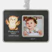 黒板フクロウ1stクリスマスフォトオーナメント シルバープレートフレームオーナメント (正面)