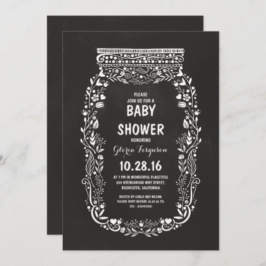 黒板フローラの石工の瓶の素朴な赤ちゃんシャワー 招待状 (正面/裏面)