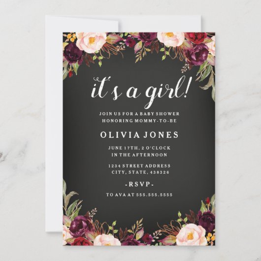 黒板フローラブルガンディーベビーシャワー招待状 招待状 (正面)