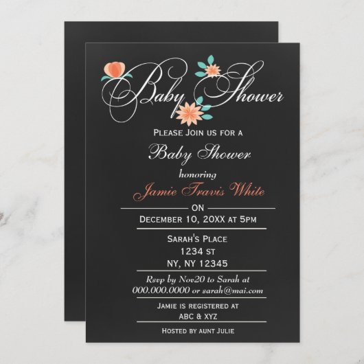 黒板フローラ男女兼用の赤ちゃんシャワー 招待状 (正面/裏面)