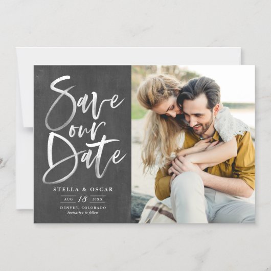 黒板ブラシ書道の写真日付を保存 マグネット招待状 (正面)