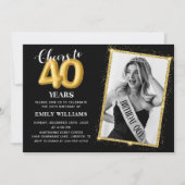黒板ブラック金ゴールドバルーン40歳の誕生日フォト 招待状 (正面)