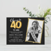 黒板ブラック金ゴールドバルーン40歳の誕生日フォト 招待状 (スタンド正面)