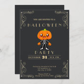 黒板ブラック&金ゴールドかわいいパンプキンヘッドハロウィーン 招待状 (正面/裏面)