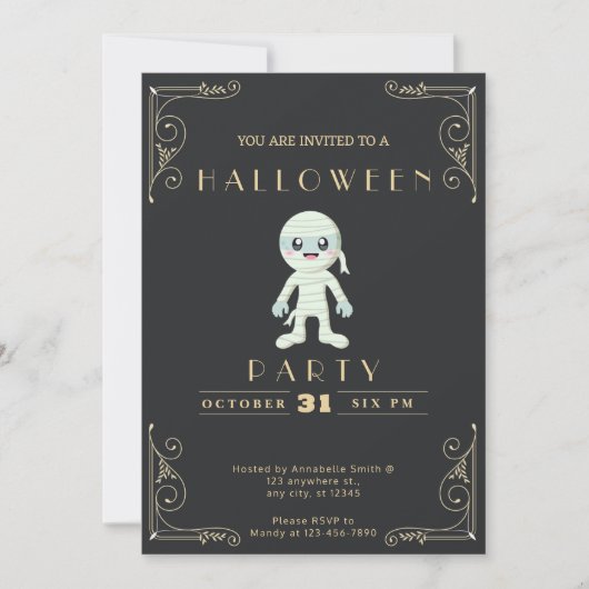黒板ブラック&金ゴールドかわいいミイラのハロウィーン 招待状 (正面)