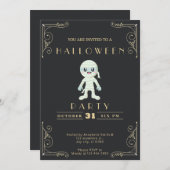 黒板ブラック&金ゴールドかわいいミイラのハロウィーン 招待状 (正面/裏面)