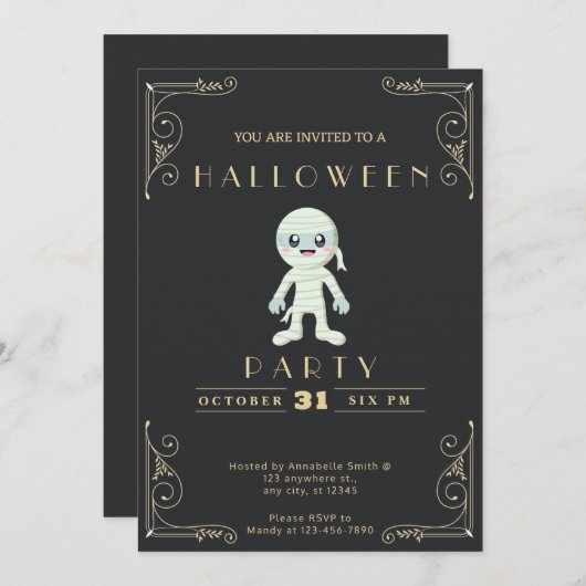 黒板ブラック&金ゴールドかわいいミイラのハロウィーン 招待状 (正面/裏面)