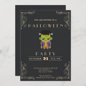 黒板ブラック&金ゴールドかわいいモンスターハロウィーン 招待状 (正面/裏面)