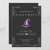 黒板ブラック&金ゴールドウィッチハットハロウィーン 招待状 (正面/裏面)