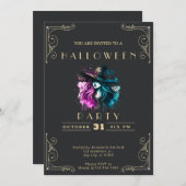 黒板ブラック&金ゴールドウィッチレインボーハロウィン 招待状 (正面/裏面)