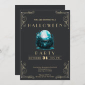 黒板ブラック&金ゴールドクリスタルボールハロウィーン 招待状 (正面/裏面)