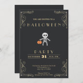 黒板ブラック&金ゴールドスケルトン衣装ハロウィーン 招待状 (正面/裏面)
