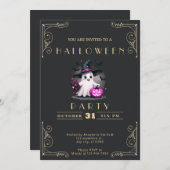 黒板ブラック&金ゴールド幽霊ウィザードハットハロウィーン 招待状 (正面/裏面)