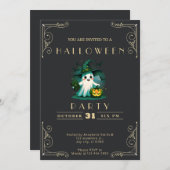 黒板ブラック&金ゴールド幽霊ウィザードハットハロウィーン 招待状 (正面/裏面)
