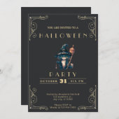 黒板ブラック&金ゴールド黒猫ハロウィーン 招待状 (正面/裏面)