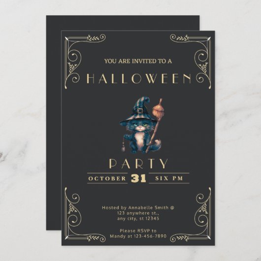 黒板ブラック&金ゴールド黒猫ハロウィーン 招待状 (正面/裏面)