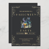 黒板ブラック&金ゴールド黒猫ブックスハロウィーン 招待状 (正面/裏面)