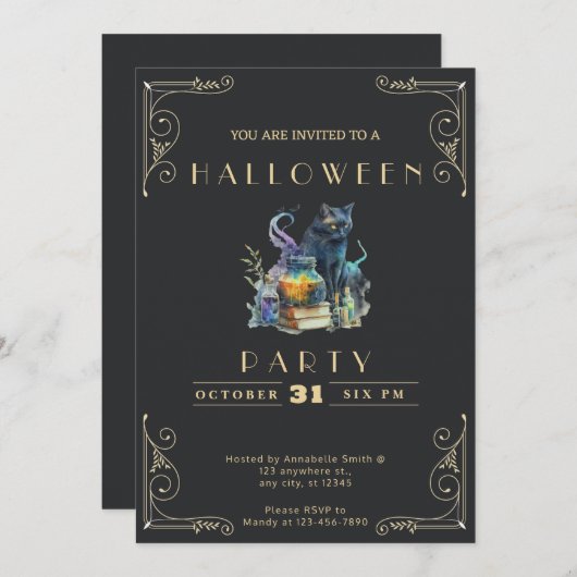 黒板ブラック&金ゴールド黒猫ブックスハロウィーン 招待状 (正面/裏面)