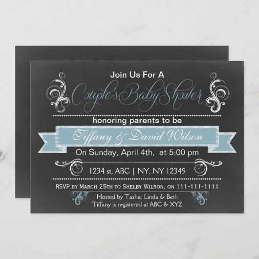 黒板ブルーカップルのベビーシャワー招待状 招待状 (正面/裏面)