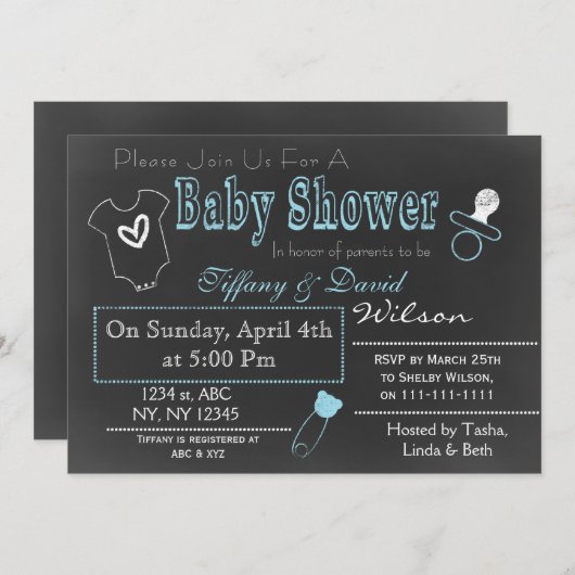 黒板ブルーカップルのベビーシャワー招待状 招待状 (正面/裏面)