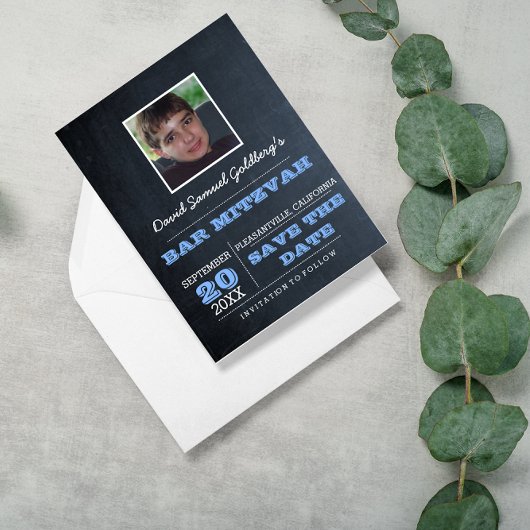 黒板ブルーバー（ユダヤ教の）バル・ミツバー写真保存日 案内ポストカード