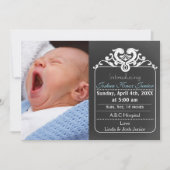 黒板ブルー新生児写真の発表 案内状 (正面)