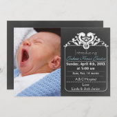 黒板ブルー新生児写真の発表 案内状 (正面/裏面)