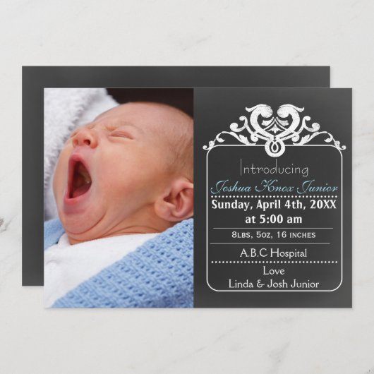 黒板ブルー新生児写真の発表 案内状 (正面/裏面)