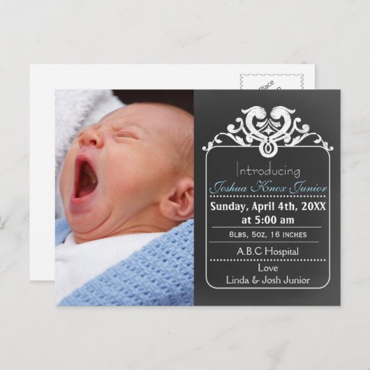 黒板ブルー新生児少年の写真発表 案内ポストカード (正面/裏面)