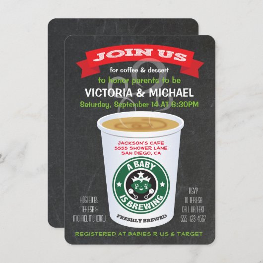 黒板ベビーはコーヒーの赤ちゃんシャワーを醸造している 招待状 (正面/裏面)