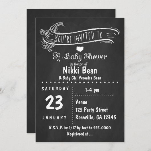 黒板ベビーシャワーゼブラボーシック招待状 招待状 (正面/裏面)