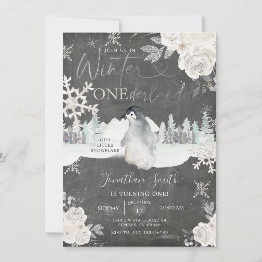 黒板ペンギン冬のオネダーランド1歳の誕生日 招待状 (正面)