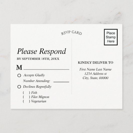 黒板ホワイトローズゴールドフレーム 返信 食事 インビテーションポストカード (裏面)