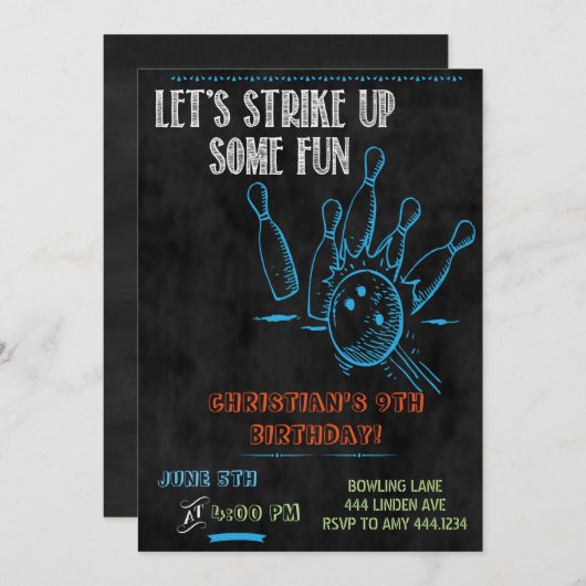 黒板ボーリングパーティの招待状 招待状 (正面/裏面)