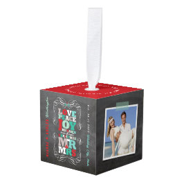 黒板ミスタントーヴィンテージ初めてのクリスマス写真 キューブオーナメント