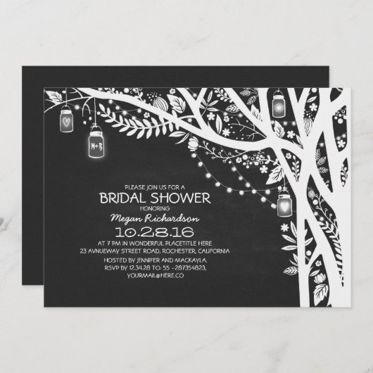 黒板メイスンジャースの木のライトブライダルシャワー 招待状 (正面/裏面)