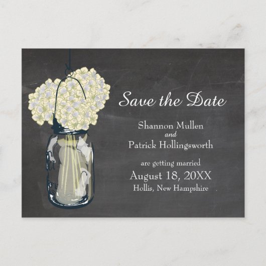 黒板メイスン・ジャーとアジサイが日付を保存 案内ポストカード (正面)