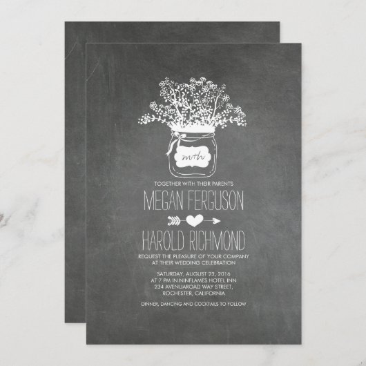 黒板メイソンジャール素朴結婚式の招待 招待状 (正面/裏面)