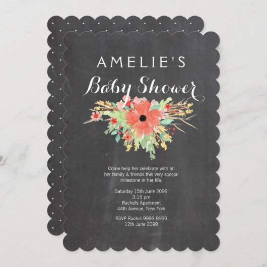 黒板モダンフローラリースベビーシャワー招待状 招待状 (正面/裏面)