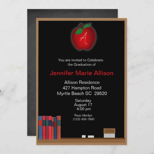 黒板モノグラムの先生卒業招待状 招待状 (正面/裏面)