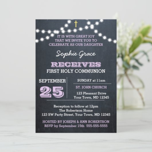 黒板ライトズ薄紫ファーストホーリーコミュニオン 招待状 (スタンド正面)