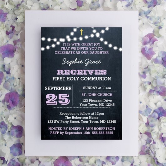 黒板ライトズ薄紫ファーストホーリーコミュニオン 招待状
