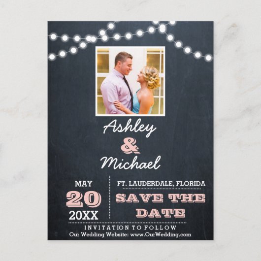 黒板ライトピンクの結婚式の日付を保存 案内ポストカード (正面)