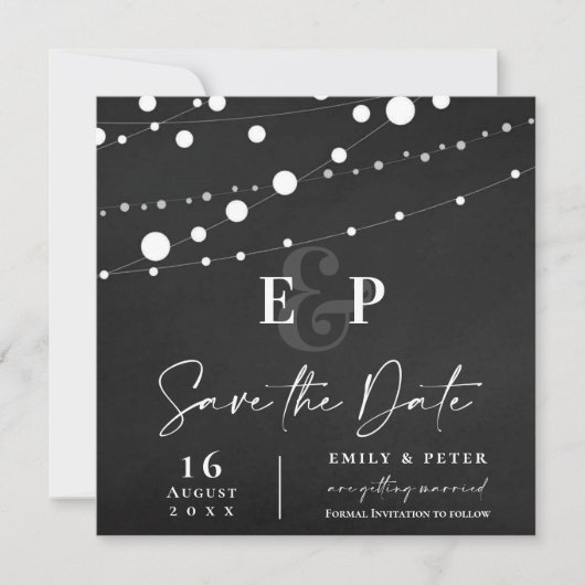 黒板ライトモノグラム結婚式の日付を保存 招待状 (正面)