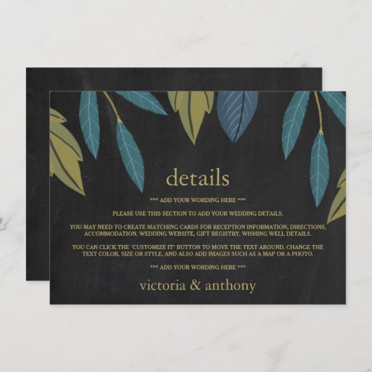 黒板リーフ結婚の詳細インサート エンクロージャーカード (正面/裏面)