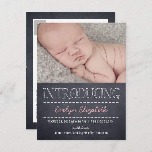 黒板ルック誕生のお知らせ – ピンク 案内ポストカード (正面/裏面)