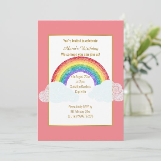 黒板レインボークラウドピンク誕生日招待状 招待状 (スタンド正面)