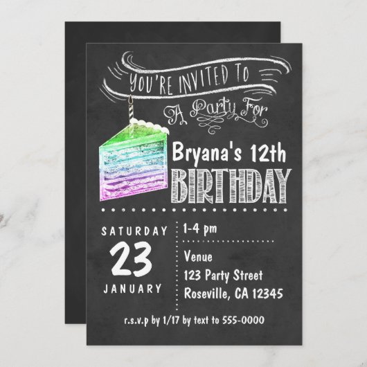 黒板レインボーケーキスライス誕生日招待状 招待状 (正面/裏面)