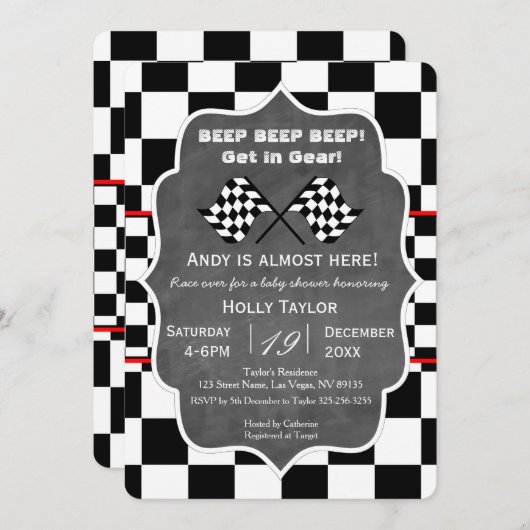黒板レーシングベビーシャワー招待状 招待状 (正面/裏面)